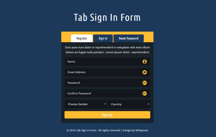 Tab Register/Sign In/Forgot Password Examples