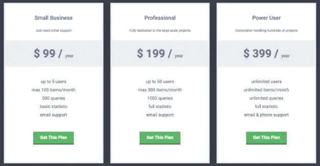 Free Pricing Table with Sliding Effect