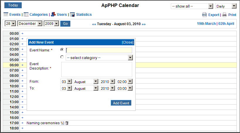 PHP Events Calendar Control